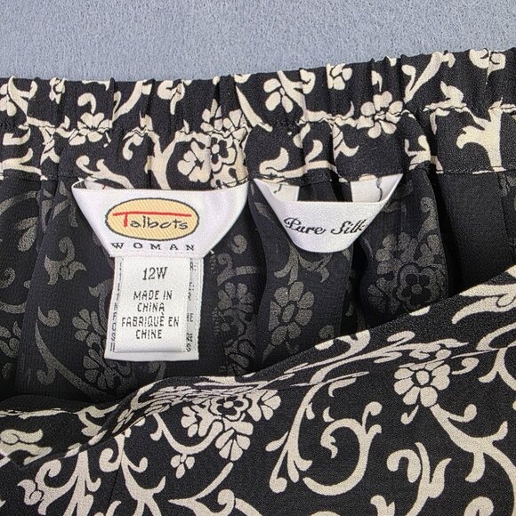 Talbots Pants Womens 12W Black White Floral Silk Dressy Pull On Elastic Waist - Picture 2 of 13